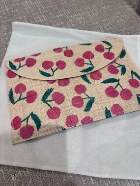 NWT Pink Cherry Embroidered Straw Clutch by Kayu